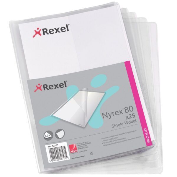 Rexel Nyrex Single Wallet with Pocket PVC A4 180 Micron Clear (Pack 25) 12181