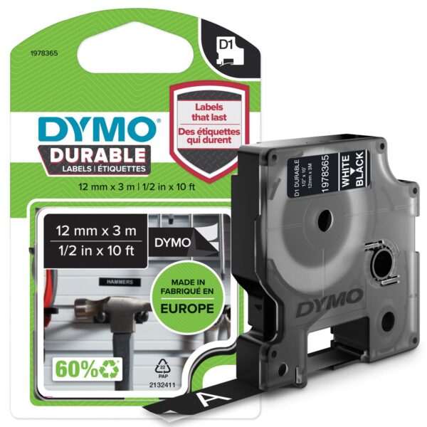Dymo D1 Label Tape Durable 12mmx3m White on Black - 1978365