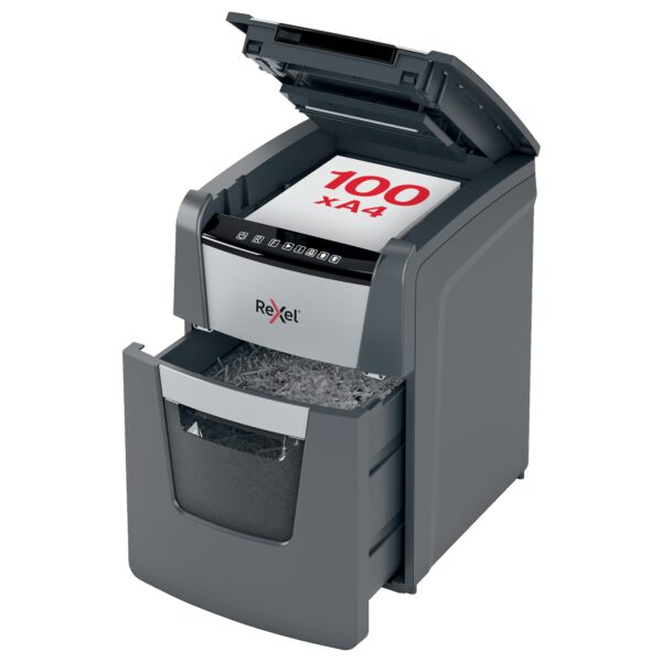 Rexel Optimum AutoFeed Plus 100M Micro Cut Shredder 34 Litre 100 Sheet Automatic/6 Sheet Manual Black 2020100M