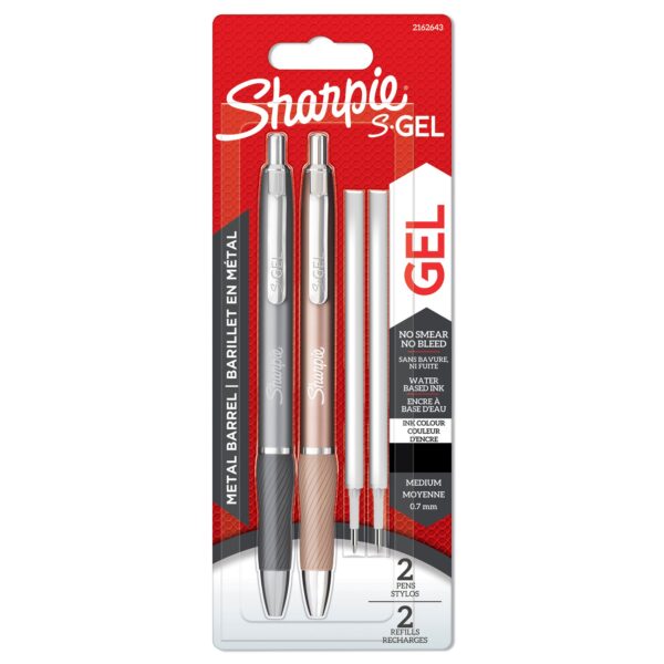 Sharpie S-Gel Metal Gel Pen Medium Point 0.7mm Tip Black Ink + Black Refills (Pack 2 Pens + 2 Refills) - 2162643