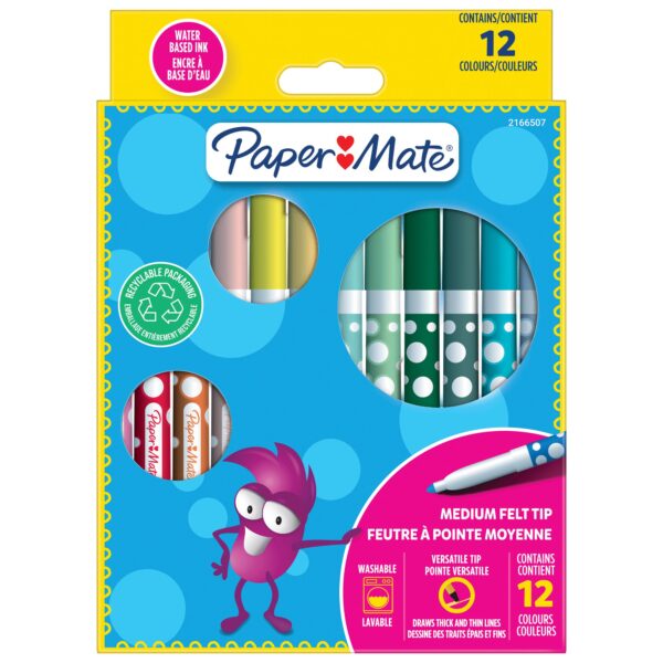 Paper Mate Childrens Felt Tip Colouring Pen Washable Assorted Colours (Pack 12) 2166507