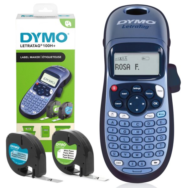 Dymo LetraTag LT-100H+ Label Maker Machine with Wall-holder and Paper & Clear Plastic Label Tape - 2174580
