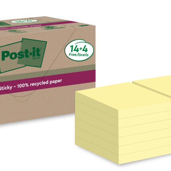 Post-it Super Sticky 100% Recycled Notes Canary Yellow 76 x 76 mm 70 Sheets Per Pad (Pack 18 14+4 Free) 7100284878