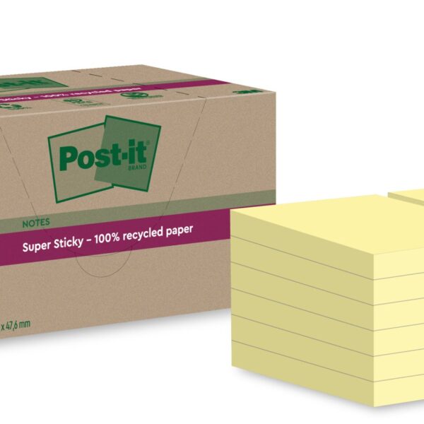 Post-it Super Sticky 100% Recycled Notes Canary Yellow 47.6 x 47.6 mm 70 Sheets Per Pad (Pack 12) 7100284576