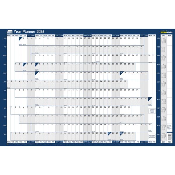 Sasco 2026 Original Year Wall Planner 915W x 610mmH With Wet Wipe Pen & Sticker Pack Unmounted - 2410262