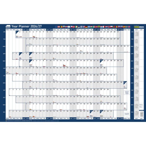 Sasco 2026 EU Year Wall Planner 915W x 610mmH With Wet Wipe Pen & Sticker Pack Unmounted - 2410270