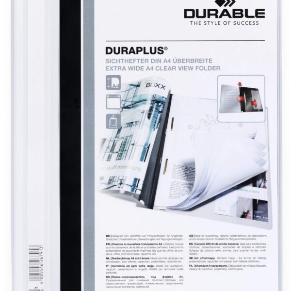 Durable DURAPLUS Presentation Folder Transparent Cover & Inside Pocket for Documents Extra Wide Format A4 White (Pack 25) - 257902