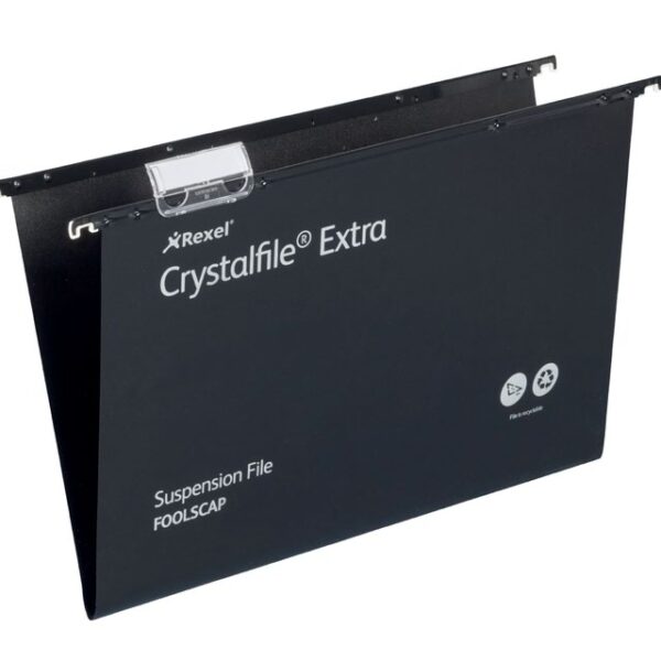 Rexel Crystalfile Extra Foolscap Suspension File Polypropylene 15mm V Base Black (Pack 25) 3000080