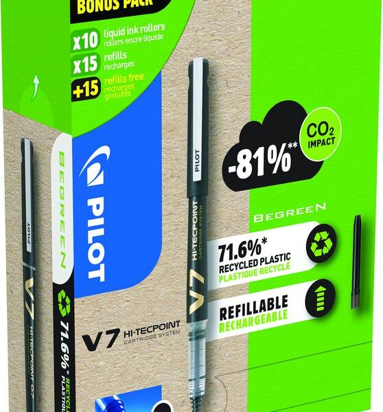 Pilot Begreen V7 Hi-Tecpoint Cartridge System Liquid Ink Rollerball Pen Recycled 0.7mm Tip 0.5mm Line Black Greenpack (Pack 10+30 Refills) - WLT556251