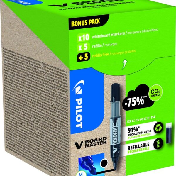 Pilot V-Board Master Whiteboard Marker Bullet Tip 2.3mm Line Black Greenpack (Pack 10 + 10 Refills) - WLT556275