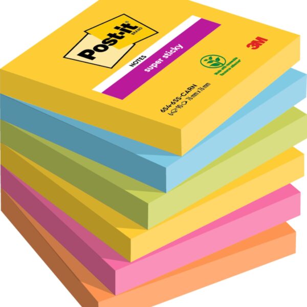 Post-it Super Sticky Notes 76x76mm 90 Sheets Carnival Colours (Pack 6) 7100147841