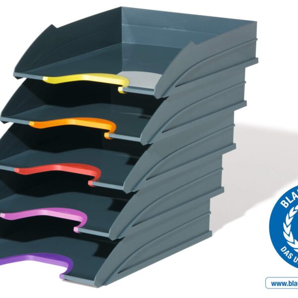 Durable VARICOLOR ECO Letter Trays A4 80% Recycled Plastic Stackable Trays with Coloured Grips (Pack 5) - 770557