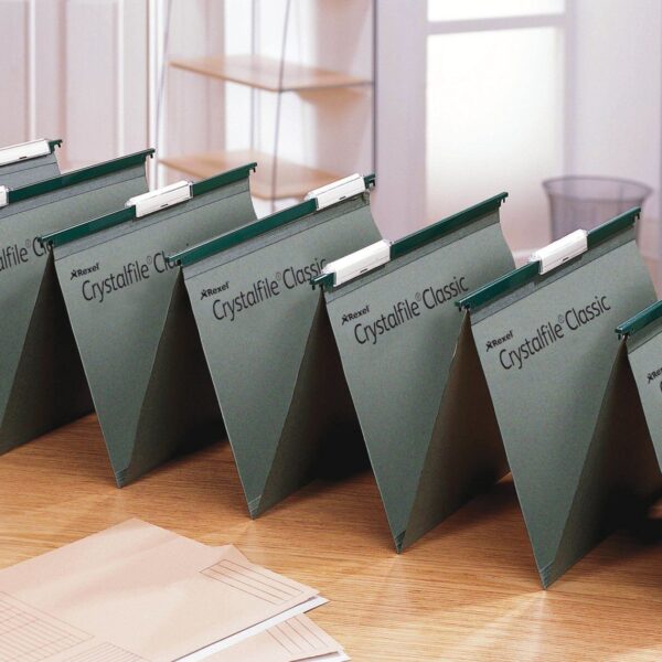 Rexel Crystalfile Linked Foolscap Suspension File Manilla 15mm V Base Green (Pack 50) 78650