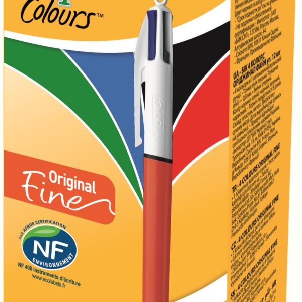 Bic 4 Colours Fine Ballpoint Pen 0.8mm Tip 0.30 Line Red/White Barrel Black/Blue/Green/Red Ink (Pack 12) - 982867