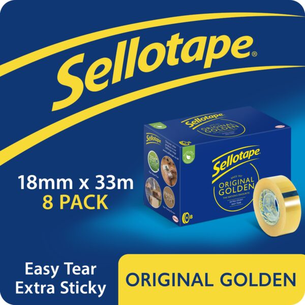 Sellotape Original Easy Tear Extra Sticky Golden Tape 18mm x 33m (Pack 8) - 2973856