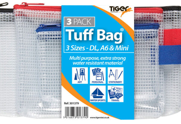 Tiger Tuff Bag Polypropylene Triple Pack of A6 Mini and DL 500 Micron Clear with Assorted Colour Zips (Pack 3) - 301379