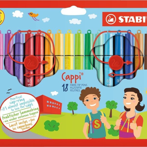 STABILO Cappi Felt Tip Pen with Cap Ring Assorted Colours (Wallet 18) - 168/18-4