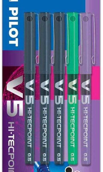 Pilot V5 Hi-Tecpoint Liquid Ink Rollerball Pen 0.5mm Tip 0.3mm Line 3 x Black/1 x Green/1 x Purple (Pack 5) - 3131910541127