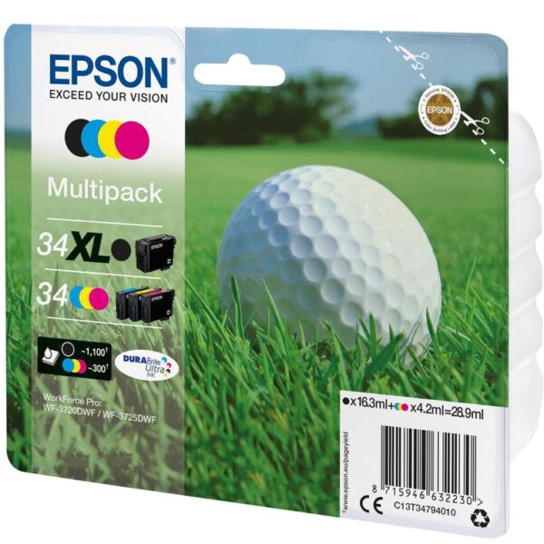 Epson 34XL Golf Ball Black Cyan Magenta Yellow High Yield Ink Cartridge Multipack 16.3ml + 3 x 4.2ml (Pack 4) - C13T34794010