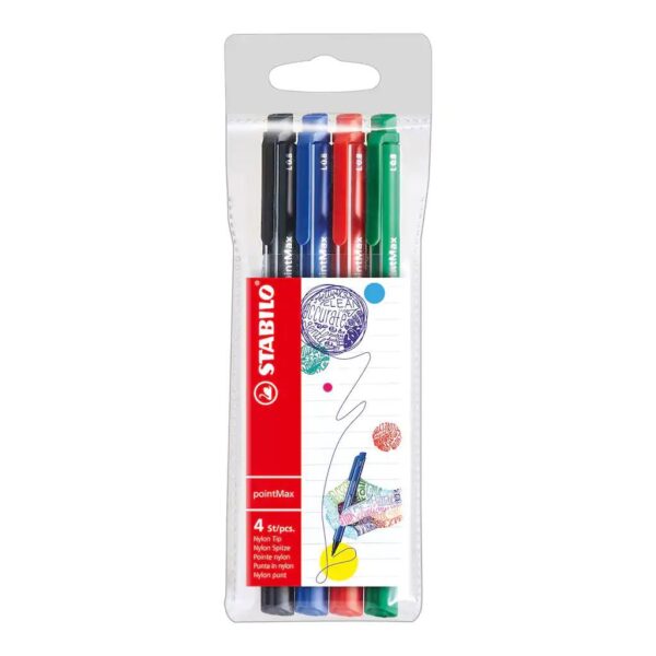 STABILO pointMax Nylon Tip Writing pen 0.4mm Line Black/Blue/Red/Green (Pack 4) 488/4