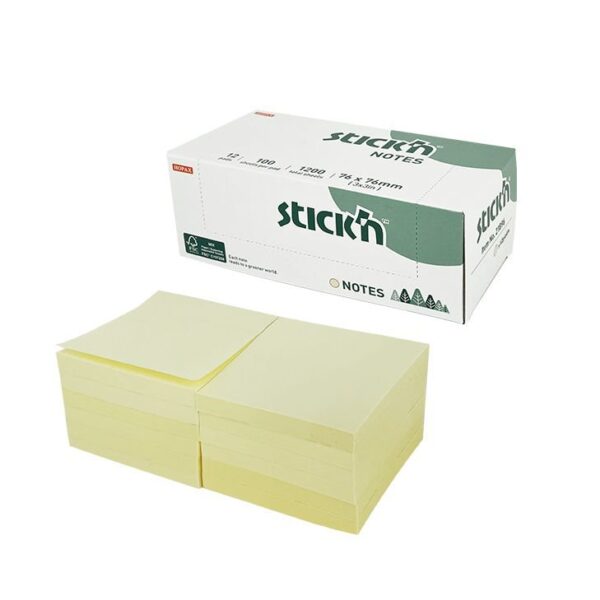 Stickn FSC Sticky Notes 76x76mm 100 Sheets Per Pad Pastel Yellow Plastic Free Packaging (Pack 12) - 21896