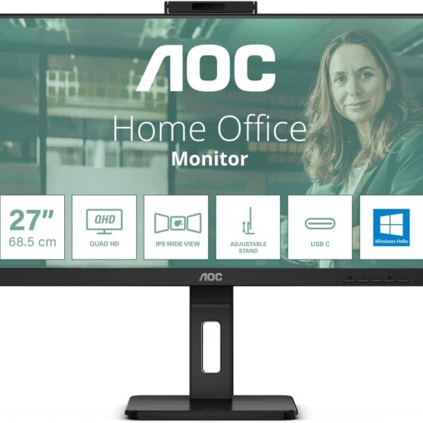 AOC Q27P3CW 27 Inch 2560 x 1440 Pixels Quad HD IPS Panel 75Hz Refresh Rate HDMI DisplayPort USB-C Built-in Webcam Monitor