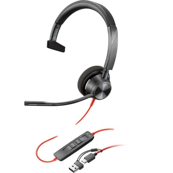 HP Poly Blackwire 3310-M Microsoft Teams Certified USB-C Wired Headset with USB-C to USB-A Adapter