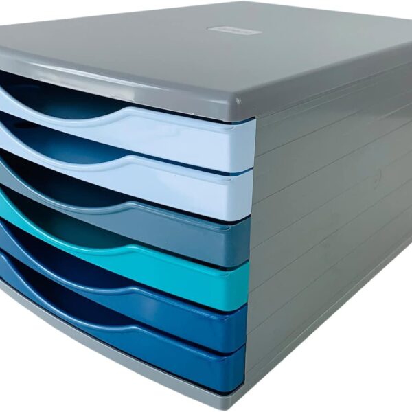Deflecto Cool Breeze A4 Desktop Drawer Organiser 6 Drawers - 6 x 30mm Drawer Tower Unit Deep Blue and Aqua - CP146YTCB