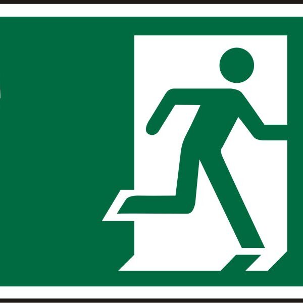 SECO Safe Prodecure Safety Sign Fire Exit Man Running Right and Arrow Pointing Down Semi Rigid Plastic 450 x 150mm - SP124SRP450X150