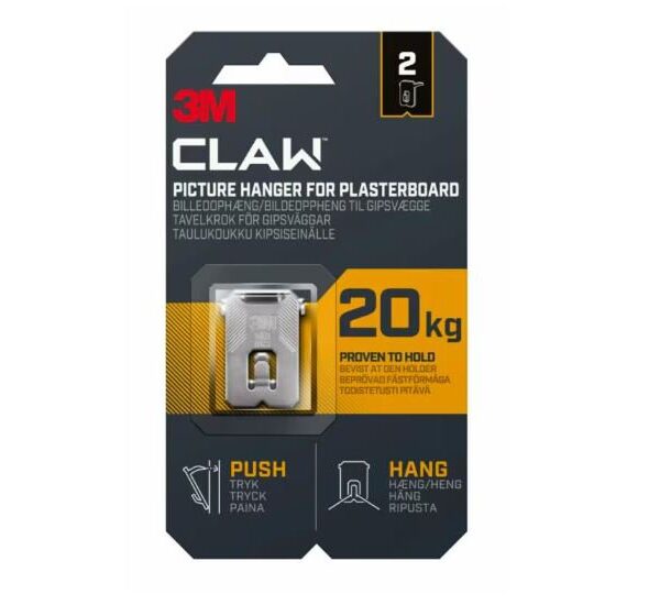 3M CLAW Picture Hanger For Plasterboard Stainless Steel Holds Up To 20Kg (Pack 2) - 7100269193