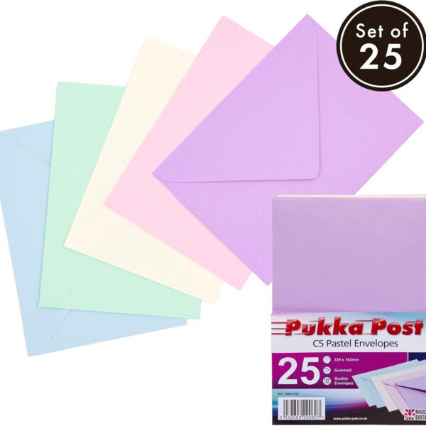 Pukka Post & Packaging Envelopes C5 Pastel (Soft Pink/Soft Blue/Leaf Bird Green/Vanilla/Amethyst) Gummed 100gsm 162mmx229mm (Pack 25) - 9060-ENV