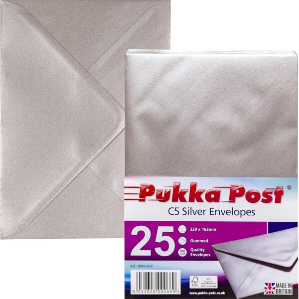 Pukka Post & Packaging Envelopes C5 Silver Gummed 100gsm 162mmx229mm (Pack 25) - 9066-ENV