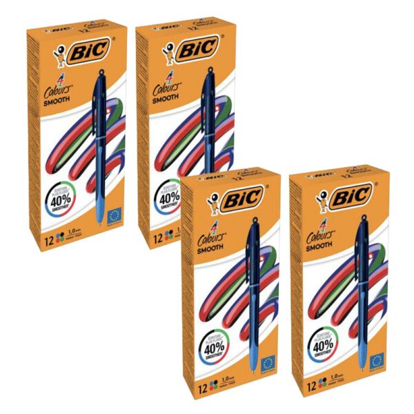 Bic 4 Colours Smooth Pro Black Barrel Ballpoint Pen 1.0mm Tip 0.32mm Line Black/Blue/Green/Red Ink (Pack 12) 4 for the price of 3 - 524095x4