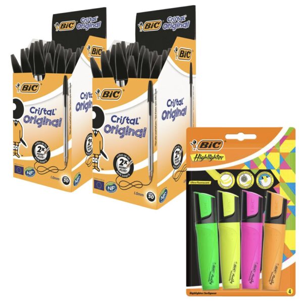 Bic Cristal Ballpoint Pen 1.0mm Tip 0.32mm Line Black (Pack 50) x 2 PLUS FREE Bic Highlighter Pen with Clip Chisel Tip 1.7-4.8mm Assorted Colours (Pac