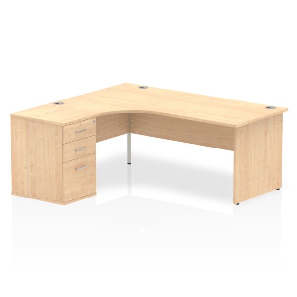 Dynamic Impulse 1800mm Left Crescent Desk Maple Top Panel End Leg Workstation 600mm Deep Desk High Pedestal Bundle I000592