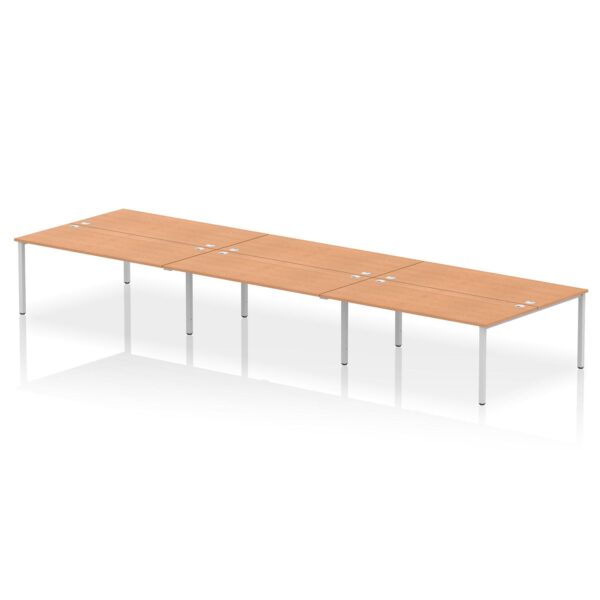 Dynamic Impulse W5400 x D1600 x H750mm Back to Back 6 Person Bench Desk With Cable Management Ports Goal Post Leg Oak Finish Silver Frame - IB00415