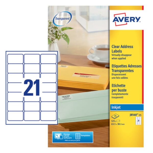 Avery Inkjet Address Label 63.5x38.1mm 21 Per A4 Sheet Clear (Pack 525 Labels) J8560-25