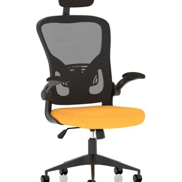 Ace Executive Mesh Back Office Chair With Folding Arms Bespoke Fabric Seat Senna Yellow - KCUP2004