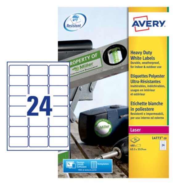 Avery Laser Heavy Duty Label 63.5 x 33.9mm 24 Per A4 Sheet White (Pack 480 Labels) L4773-20