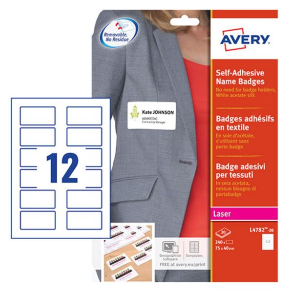 Avery Self Adhesive Name Badges 75 x 40 mm Laser Acetate Silk 240 Labels / 20 Sheets - L4782-20