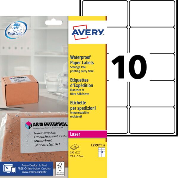 Avery Laser Weatherproof Parcel Label 99x57mm 10 Per A4 Sheet White(Pack 250 Labels)L7992-25