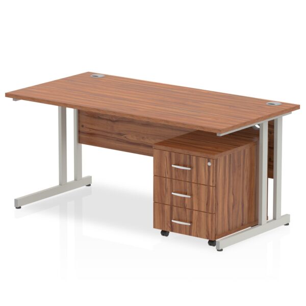 Impulse Cantilever Straight Office Desk W1200 x D800 x H730mm Walnut Finish Silver Frame With 3 Drawer Mobile Pedestal - MI000978