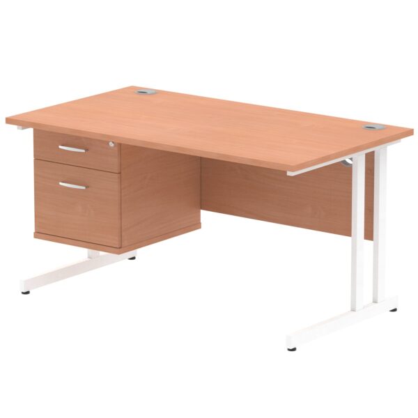 Dynamic Impulse W1400 x D800 x H730mm Straight Office Desk Cantilever Leg With 1 x 2 Drawer Single Fixed Pedestal Beech Finish White Frame - MI001693