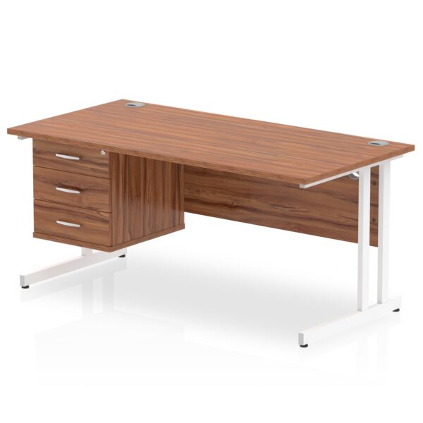 Dynamic Impulse W1600 x D800 x H730mm Straight Office Desk Cantilever Leg With 1 x 3 Drawer Single Fixed Pedestal Walnut Finish White Frame - MI001933