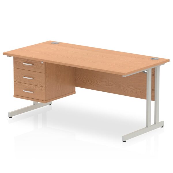 Dynamic Impulse W1600 x D800 x H730mm Straight Office Desk Cantilever Leg With 1 x 3 Drawer Single Fixed Pedestal Oak Finish Silver Frame - MI002667