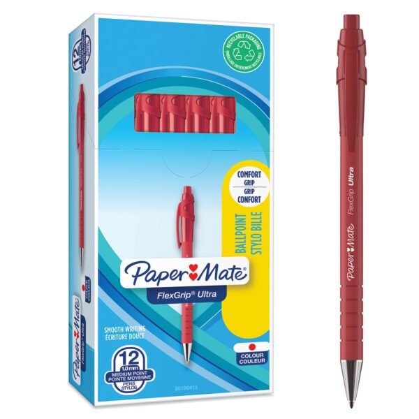 Paper Mate Flexgrip Ultra Retractable Ballpoint Pen 1.0mm Tip 0.5mm Line Red (Pack 12) - S0190413