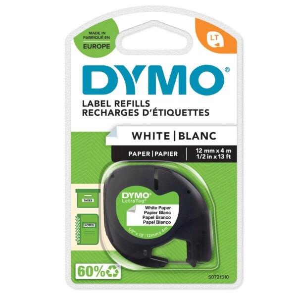 Dymo LetraTag Label Tape Paper 12mmx4m Black on White - S0721510