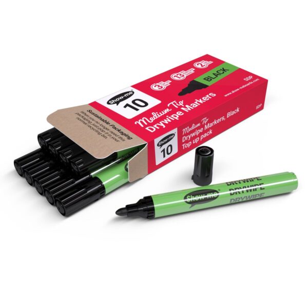 Show-me Drywipe Marker Medium Bullet Tip Slim Barrel Black (Pack 10) - SDP