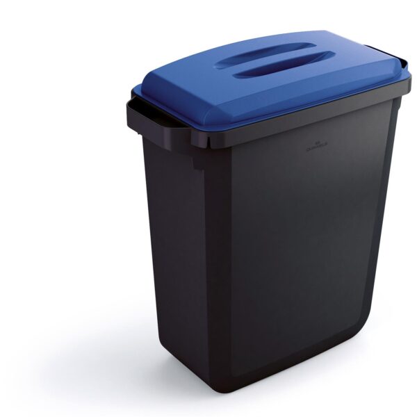 Durable DURABIN ECO 80% Recycled Plastic Waste Recycling Bin 60 Litre Rectangular Black with Blue Lid - VEH2023024