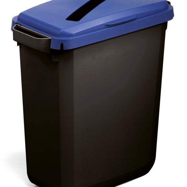 Durable DURABIN ECO 80% Recycled Plastic Waste Recycling Bin 60 Litre Rectangular Black with Blue Hinged Lid with Rectangular Slot - VEH2023027